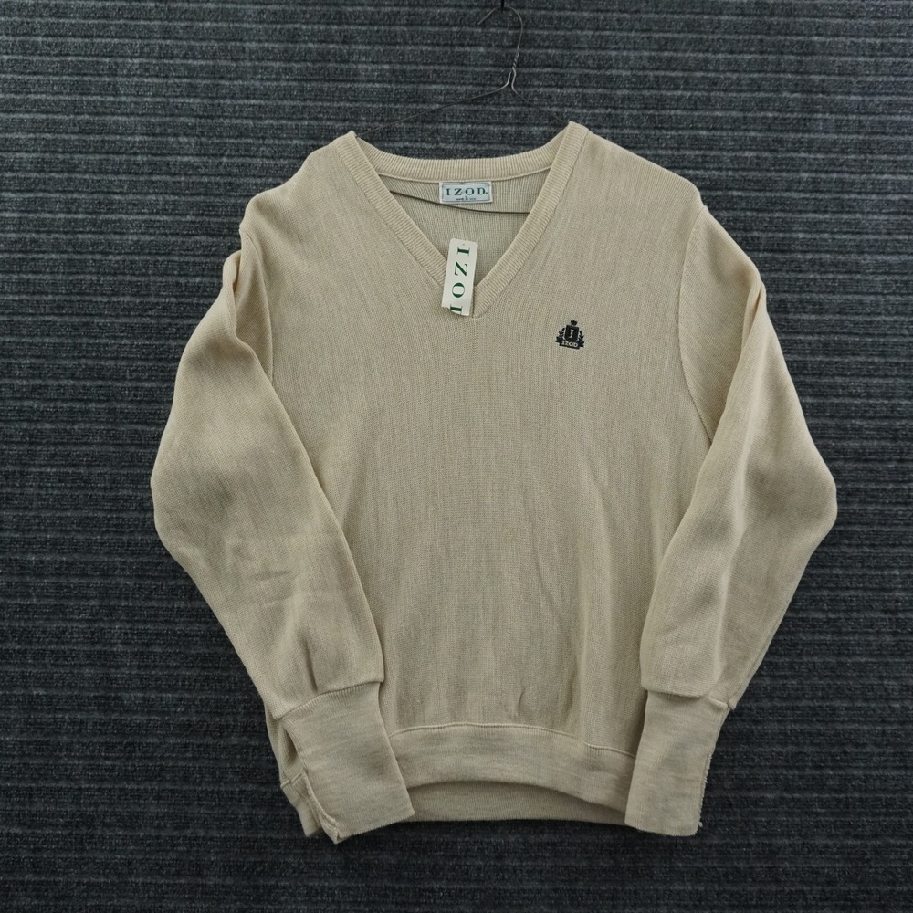 Izod V-Neck Sweater Mens‎ L Beige Vintage 80s NWT Made in USA Acrylic Knit